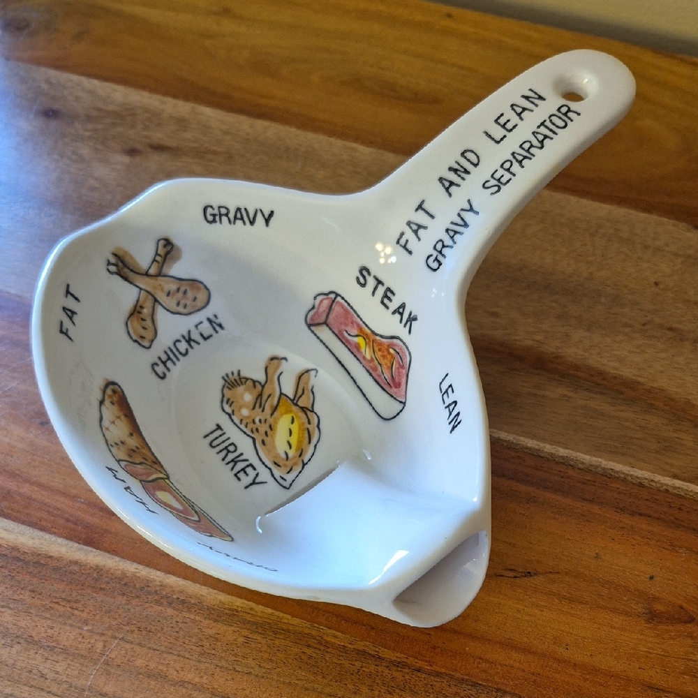 Vintage Ceramic Fat And Lean Gravy Separator with Food Illustrations